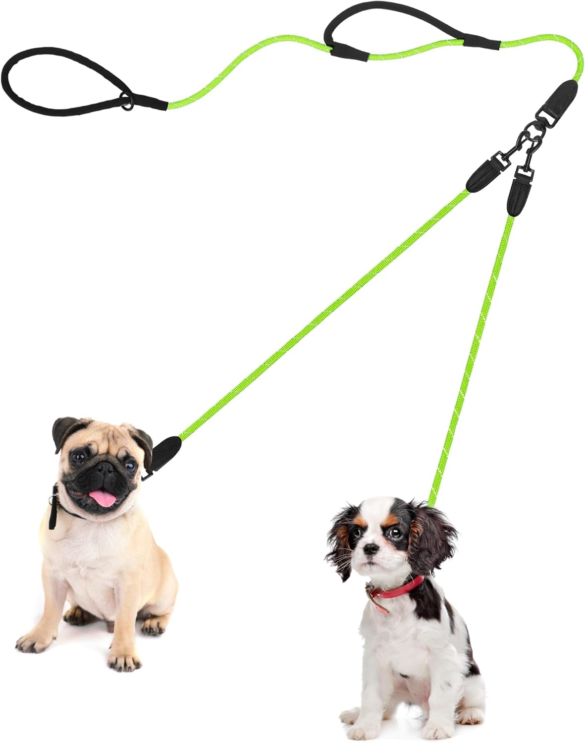 PetBonus Rope Double Dog Leash, No Tangle Dual Leash, Reflective Walking Training Lead with Two Comfortable Padded Handles, Lead Coupler for Small Medium Dogs (11-55 lbs)