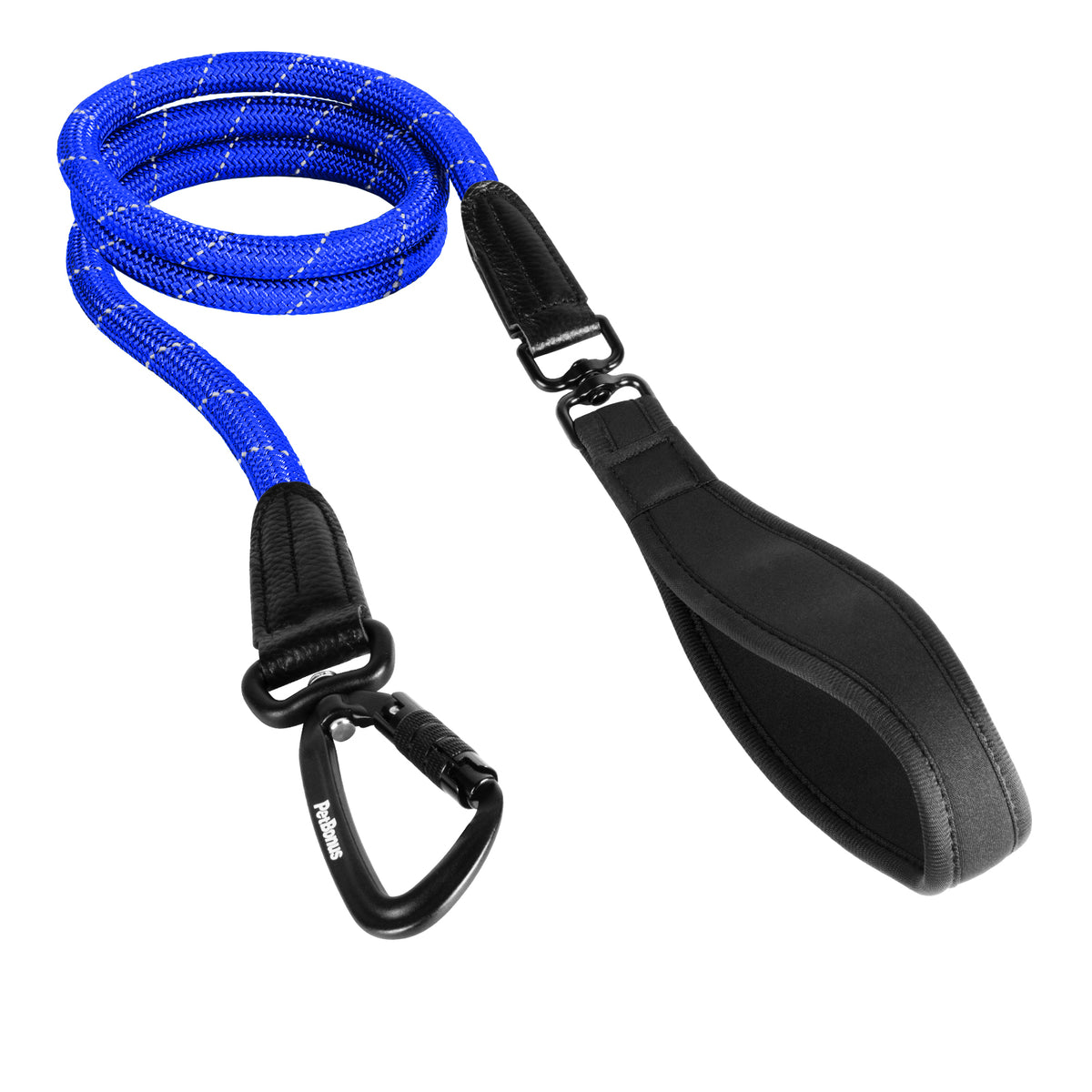 PetBonus Rope Dog Leash, 5 FT Heavy Duty Pet Nylon Leash with Auto Locking Aviation Aluminum Carabiner, Comfortable Padded Handle, Reflective Walking Training Lead for Medium Large Breeds Blue