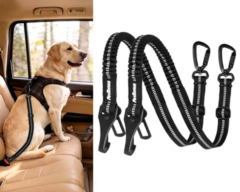 PetBonus Dog Seat Belt for Car, Durable Safe Dog Car Harness for Vehicle, Adjustable Pet Tether Safety Restraint, Elastic Bungee Buffer, Autolocking, Heavy Duty Buckle, Hook Latch, For All Breeds
