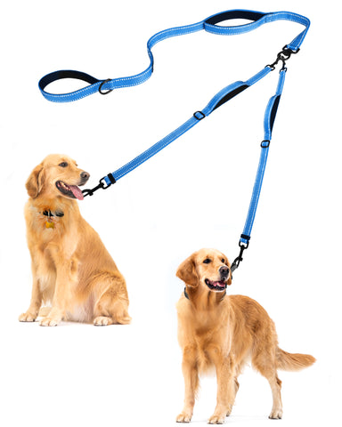 PetBonus Double Dog Leash, No Tangle Dual Dog Leash, Reflective Walking Training Leash, 4 Comfortable Padded Handles for 2 Dogs with Collapsible Bowl and Waste Bags Light Blue Dog Leashes