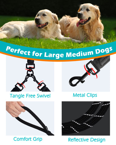 PetBonus Rope Double Dog Leash, No Tangle Dual Leash, Reflective Walking Training Lead with Two Comfortable Padded Handles, Lead Coupler for Medium Large Dogs(55-200 lbs)