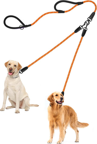 PetBonus Rope Double Dog Leash, No Tangle Dual Leash, Reflective Walking Training Lead with Two Comfortable Padded Handles, Lead Coupler for Medium Large Dogs(55-200 lbs)
