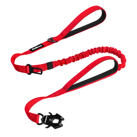PetBonus Heavy Duty Tactical Dog Leash, 5 FT Bungee Shock Absorption Leash with 2 Padded Handles, Quick Release Metal Clip, Car Seatbelt, No Pull Training Lead for Large Medium Dogs Red Dog Leashes