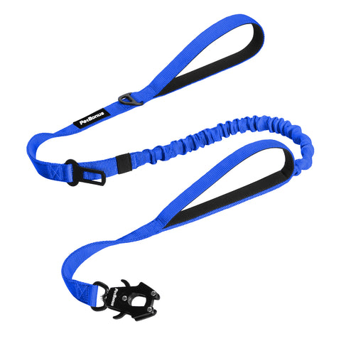 PetBonus Heavy Duty Tactical Dog Leash, 5 FT Bungee Shock Absorption Leash with 2 Padded Handles, Quick Release Metal Clip, Car Seatbelt, No Pull Training Lead for Large Medium Dogs Blue Dog Leashes