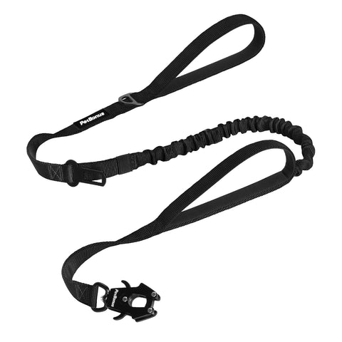 PetBonus Heavy Duty Tactical Dog Leash, 5 FT Bungee Shock Absorption Leash with 2 Padded Handles, Quick Release Metal Clip, Car Seatbelt, No Pull Training Lead for Large Medium Dogs Black Dog Leashes