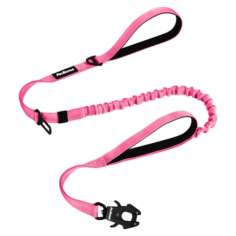 PetBonus Heavy Duty Tactical Dog Leash, 5 FT Bungee Shock Absorption Leash with 2 Padded Handles, Quick Release Metal Clip, Car Seatbelt, No Pull Training Lead for Large Medium Dogs Pink Dog Leashes