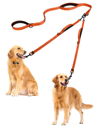 PetBonus Double Dog Leash, No Tangle Dual Dog Leash, Reflective Walking Training Leash, 4 Comfortable Padded Handles for 2 Dogs with Collapsible Bowl and Waste Bags Orange Dog Leashes