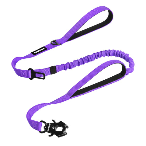 PetBonus Heavy Duty Tactical Dog Leash, 5 FT Bungee Shock Absorption Leash with 2 Padded Handles, Quick Release Metal Clip, Car Seatbelt, No Pull Training Lead for Large Medium Dogs Purple Dog Leashes