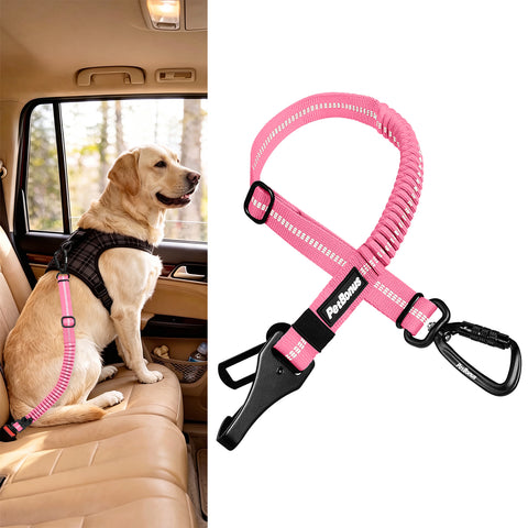 PetBonus Dog Seat Belt for Car, Durable Safe Dog Car Harness for Vehicle, Adjustable Pet Tether Safety Restraint, Elastic Bungee Buffer, Autolocking, Heavy Duty Buckle, Hook Latch, For All Breeds