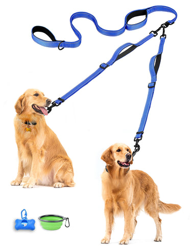 PetBonus Double Dog Leash, No Tangle Dual Dog Leash, Reflective Walking Training Leash, 4 Comfortable Padded Handles for 2 Dogs with Collapsible Bowl and Waste Bags Blue Dog Leashes