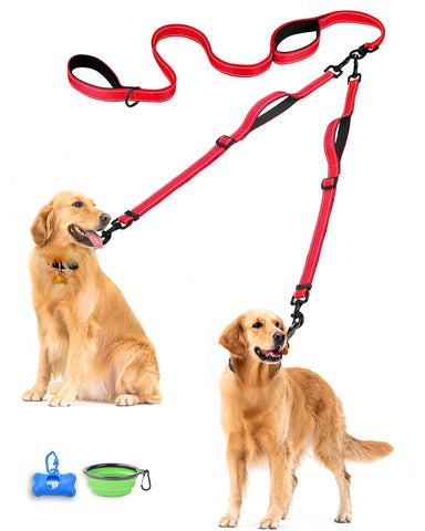 PetBonus Double Dog Leash, No Tangle Dual Dog Leash, Reflective Walking Training Leash, 4 Comfortable Padded Handles for 2 Dogs with Collapsible Bowl and Waste Bags Red Dog Leashes