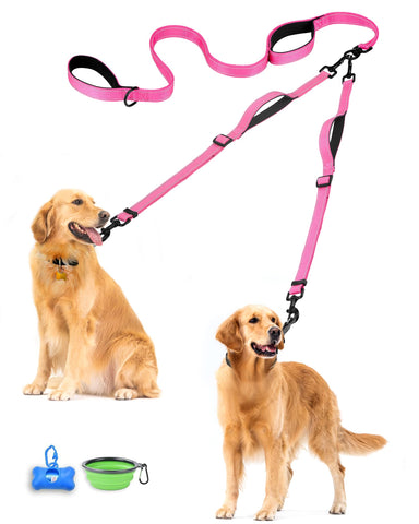 PetBonus Double Dog Leash, No Tangle Dual Dog Leash, Reflective Walking Training Leash, 4 Comfortable Padded Handles for 2 Dogs with Collapsible Bowl and Waste Bags Pink Dog Leashes