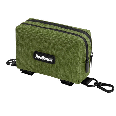 PetBonus Dog Poop Bag Holder, Portable Pet Waste Bag Dispenser, 2 Pouches for Treats and Walking Accessories, Fit All Leashes, Includes 1 Roll of Dog Poop Bags