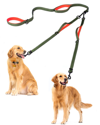 PetBonus Double Dog Leash, No Tangle Dual Dog Leash, Reflective Walking Training Leash, 4 Comfortable Padded Handles for 2 Dogs with Collapsible Bowl and Waste Bags Khaki Green Dog Leashes