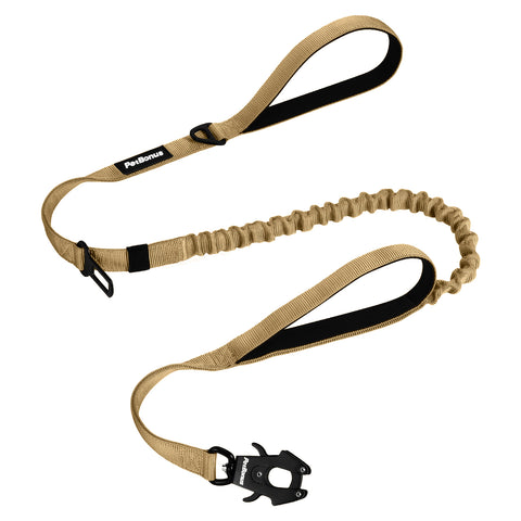 PetBonus Heavy Duty Tactical Dog Leash, 5 FT Bungee Shock Absorption Leash with 2 Padded Handles, Quick Release Metal Clip, Car Seatbelt, No Pull Training Lead for Large Medium Dogs Khaki Dog Leashes