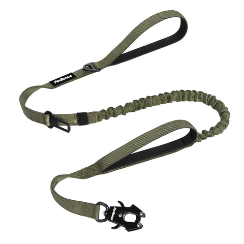 PetBonus Heavy Duty Tactical Dog Leash, 5 FT Bungee Shock Absorption Leash with 2 Padded Handles, Quick Release Metal Clip, Car Seatbelt, No Pull Training Lead for Large Medium Dogs Army Green Dog Leashes