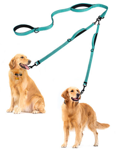 PetBonus Double Dog Leash, No Tangle Dual Dog Leash, Reflective Walking Training Leash, 4 Comfortable Padded Handles for 2 Dogs with Collapsible Bowl and Waste Bags Green Dog Leashes