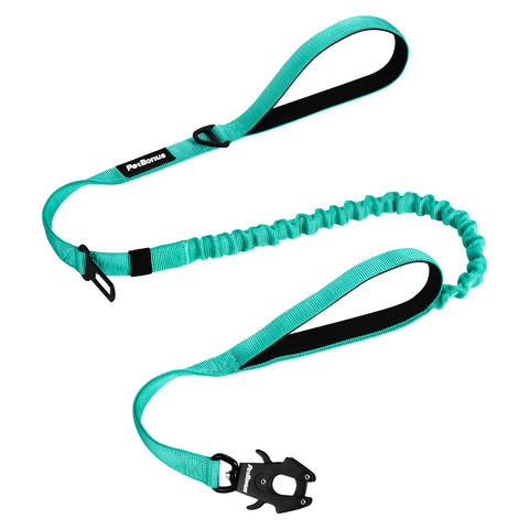 PetBonus Heavy Duty Tactical Dog Leash, 5 FT Bungee Shock Absorption Leash with 2 Padded Handles, Quick Release Metal Clip, Car Seatbelt, No Pull Training Lead for Large Medium Dogs Turquoise Dog Leashes