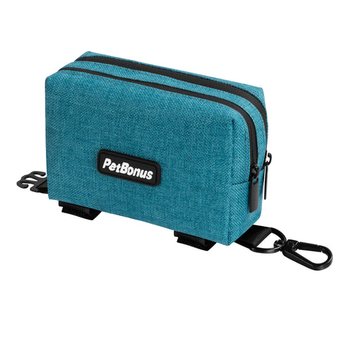 PetBonus Dog Poop Bag Holder, Portable Pet Waste Bag Dispenser, 2 Pouches for Treats and Walking Accessories, Fit All Leashes, Includes 1 Roll of Dog Poop Bags
