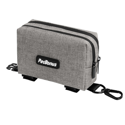 PetBonus Dog Poop Bag Holder, Portable Pet Waste Bag Dispenser, 2 Pouches for Treats and Walking Accessories, Fit All Leashes, Includes 1 Roll of Dog Poop Bags