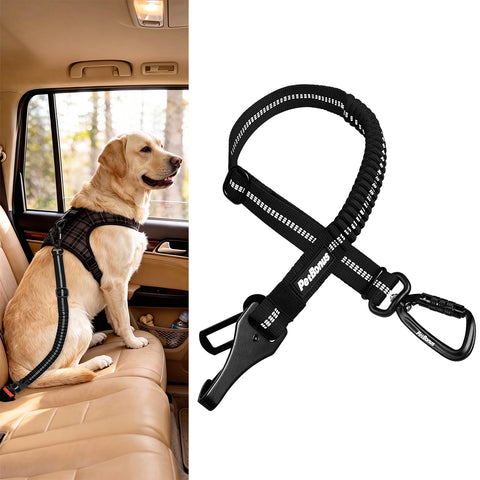 PetBonus Dog Seat Belt for Car, Durable Safe Dog Car Harness for Vehicle, Adjustable Pet Tether Safety Restraint, Elastic Bungee Buffer, Autolocking, Heavy Duty Buckle, Hook Latch, For All Breeds