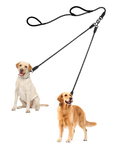 PetBonus Rope Double Dog Leash, No Tangle Dual Leash, Reflective Walking Training Lead with Two Comfortable Padded Handles, Lead Coupler for Medium Large Dogs(55-200 lbs)