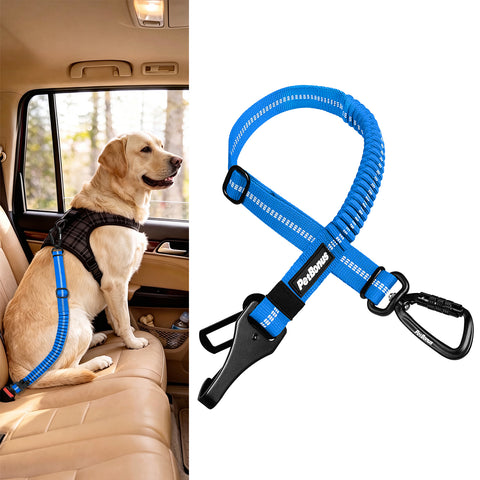 PetBonus Dog Seat Belt for Car, Durable Safe Dog Car Harness for Vehicle, Adjustable Pet Tether Safety Restraint, Elastic Bungee Buffer, Autolocking, Heavy Duty Buckle, Hook Latch, For All Breeds