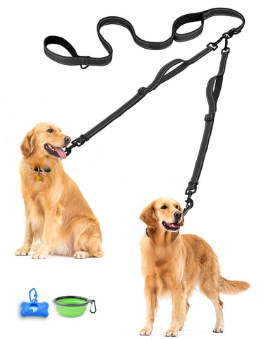 PetBonus Double Dog Leash, No Tangle Dual Dog Leash, Reflective Walking Training Leash, 4 Comfortable Padded Handles for 2 Dogs with Collapsible Bowl and Waste Bags Black Dog Leashes