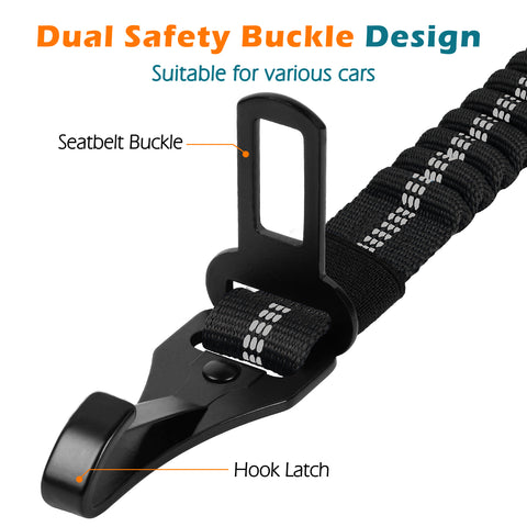 PetBonus Dog Seat Belt for Car, Durable Safe Dog Car Harness for Vehicle, Adjustable Pet Tether Safety Restraint, Elastic Bungee Buffer, Autolocking, Heavy Duty Buckle, Hook Latch, For All Breeds