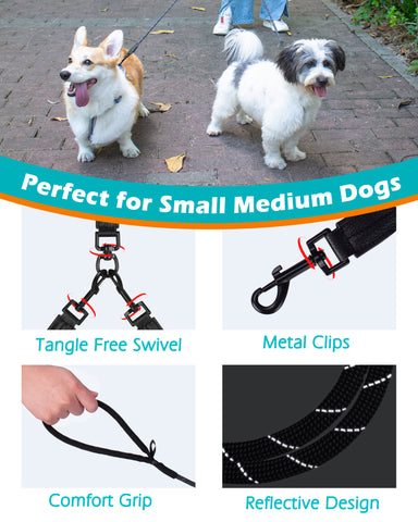 PetBonus Double Dog Leash, Two Dog Leash No Tangle, Reflective Dual leash attachment with Padded Handles, Walking Training Lead for All Breeds Dog Leashes