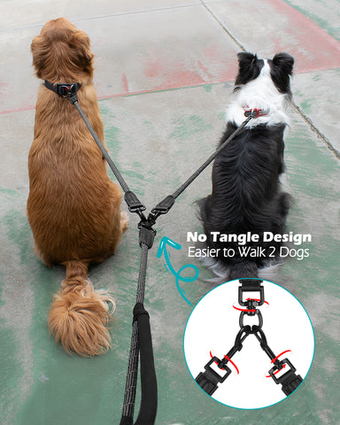 PetBonus Rope Double Dog Leash, No Tangle Dual Leash, Reflective Walking Training Lead with Two Comfortable Padded Handles, Lead Coupler for Medium Large Dogs(55-200 lbs)
