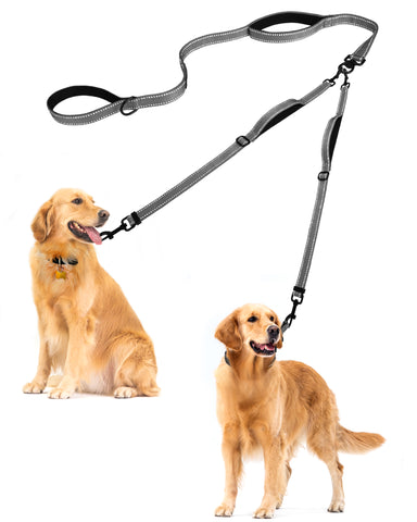 PetBonus Double Dog Leash, No Tangle Dual Dog Leash, Reflective Walking Training Leash, 4 Comfortable Padded Handles for 2 Dogs with Collapsible Bowl and Waste Bags Grey Dog Leashes