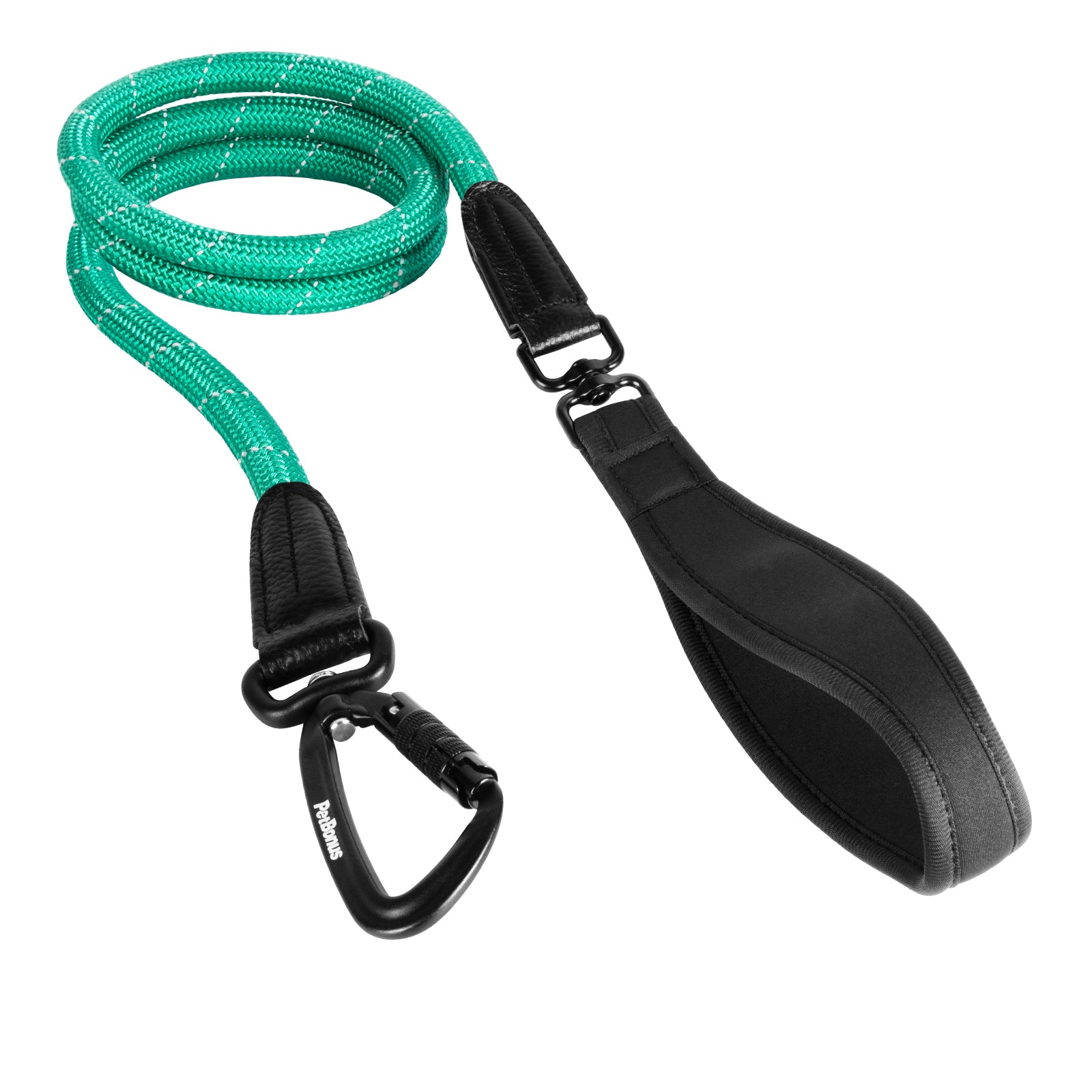 PetBonus Rope Dog Leash, 5 FT Heavy Duty Pet Nylon Leash with Auto Locking Aviation Aluminum Carabiner, Comfortable Padded Handle, Reflective Walking Training Lead for Medium Large Breeds Turquoise