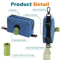 PetBonus Dog Poop Bag Holder, Portable Pet Waste Bag Dispenser, 2 Pouches for Treats and Walking Accessories, Fit All Leashes, Includes 1 Roll of Dog Poop Bags