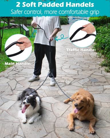 PetBonus Rope Double Dog Leash, No Tangle Dual Leash, Reflective Walking Training Lead with Two Comfortable Padded Handles, Lead Coupler for Medium Large Dogs(55-200 lbs)