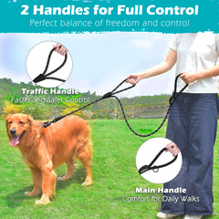 PetBonus Two Handles Dog Leash, 5FT Heavy Duty Pet Rope Leash with Quick Release Metal Clip, Comfortable Durable Traffic Handle, Reflective Training Lead for Medium Large Dogs