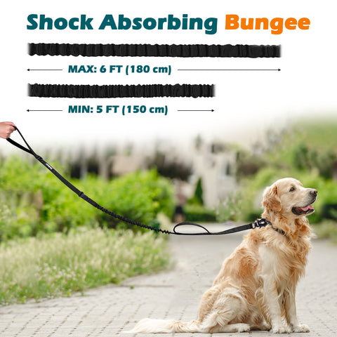 PetBonus Heavy Duty Tactical Dog Leash, 5 FT Bungee Shock Absorption Leash with 2 Padded Handles, Quick Release Metal Clip, Car Seatbelt, No Pull Training Lead for Large Medium Dogs Dog Leashes