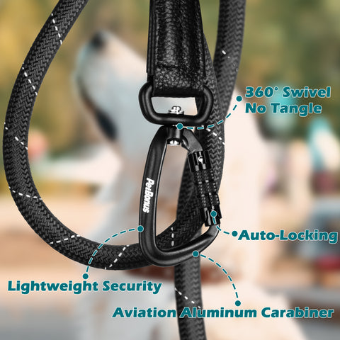 PetBonus Rope Dog Leash, 5 FT Heavy Duty Pet Nylon Leash with Auto Locking Aviation Aluminum Carabiner, Comfortable Padded Handle, Reflective Walking Training Lead for Medium Large Breeds