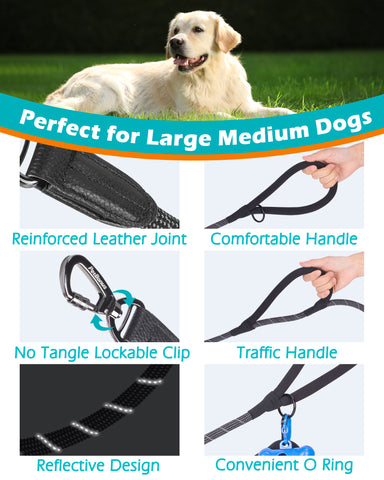 PetBonus Double Handle Rope Dog Leash, 5FT Heavy Duty Training Lead with Lockable Hook and 2 Comfortable Padded Handles, Reflective Walking Nylon Leash for Large Medium Dogs (55-200 lbs)