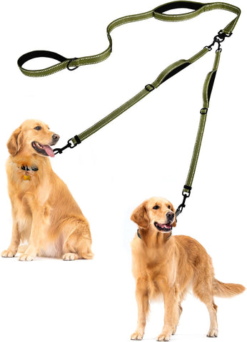 PetBonus Double Dog Leash, No Tangle Dual Dog Leash, Reflective Walking Training Leash, 4 Comfortable Padded Handles for 2 Dogs with Collapsible Bowl and Waste Bags
