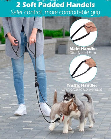 PetBonus Double Dog Leash, Two Dog Leash No Tangle, Reflective Dual leash attachment with Padded Handles, Walking Training Lead for All Breeds Dog Leashes