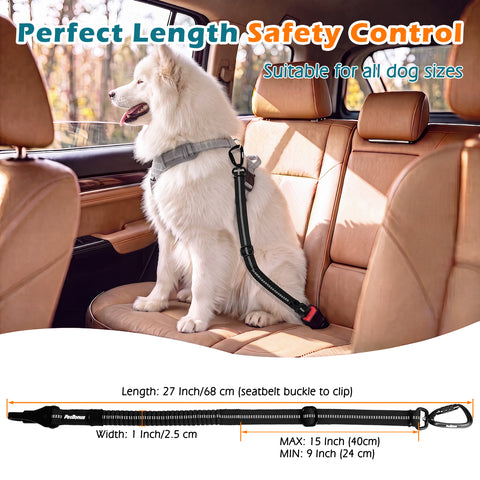 PetBonus Dog Seat Belt for Car, Durable Safe Dog Car Harness for Vehicle, Adjustable Pet Tether Safety Restraint, Elastic Bungee Buffer, Autolocking, Heavy Duty Buckle, Hook Latch, For All Breeds