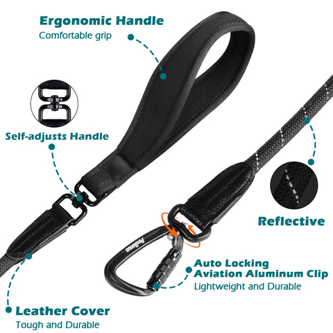 PetBonus Rope Dog Leash, 5 FT Heavy Duty Pet Nylon Leash with Auto Locking Aviation Aluminum Carabiner, Comfortable Padded Handle, Reflective Walking Training Lead for Medium Large Breeds