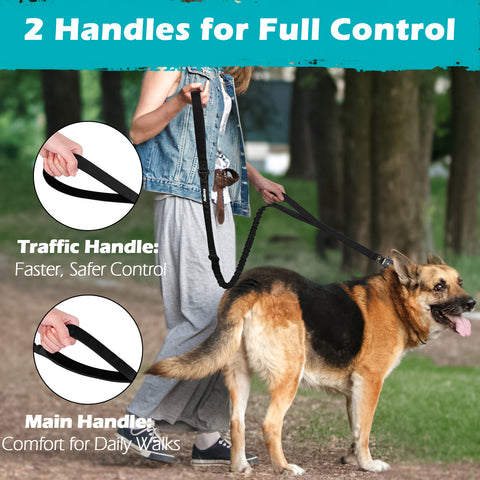 PetBonus Heavy Duty Tactical Dog Leash, 5 FT Bungee Shock Absorption Leash with 2 Padded Handles, Quick Release Metal Clip, Car Seatbelt, No Pull Training Lead for Large Medium Dogs Dog Leashes