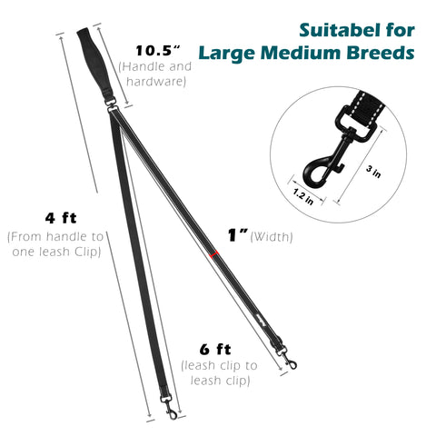 PetBonus Two Point Control Dog Leash, Works with No Pull Harnesses, No Tangle Training Leashes, Soft Padded and Reflective Walking Lead, Converts to Single Lead for Medium Large Dogs Dog Leashes