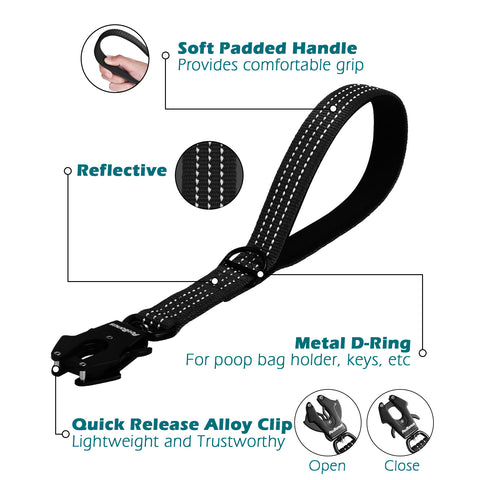 PetBonus Heavy Duty Short Dog Leash, Nylon Traffic Leash with Quick Release Clip, Comfortable Padded Handle, Reflective Training Lead for Medium Large Dogs Dog Leashes