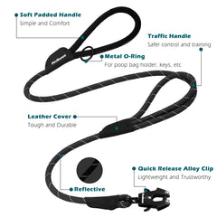 PetBonus Two Handles Dog Leash, 5FT Heavy Duty Pet Rope Leash with Quick Release Metal Clip, Comfortable Durable Traffic Handle, Reflective Training Lead for Medium Large Dogs