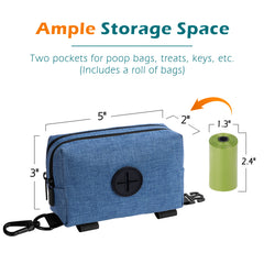 PetBonus Dog Poop Bag Holder, Portable Pet Waste Bag Dispenser, 2 Pouches for Treats and Walking Accessories, Fit All Leashes, Includes 1 Roll of Dog Poop Bags