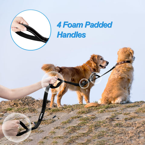 PetBonus Double Dog Leash, No Tangle Dual Dog Leash, Reflective Walking Training Leash, 4 Comfortable Padded Handles for 2 Dogs with Collapsible Bowl and Waste Bags Dog Leashes