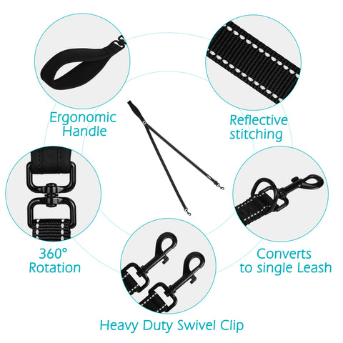 PetBonus Two Point Control Dog Leash, Works with No Pull Harnesses, No Tangle Training Leashes, Soft Padded and Reflective Walking Lead, Converts to Single Lead for Medium Large Dogs Dog Leashes